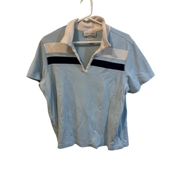 Sport Savvy Tops - Casual Light Blue Short Sleeve Polo with Stripes